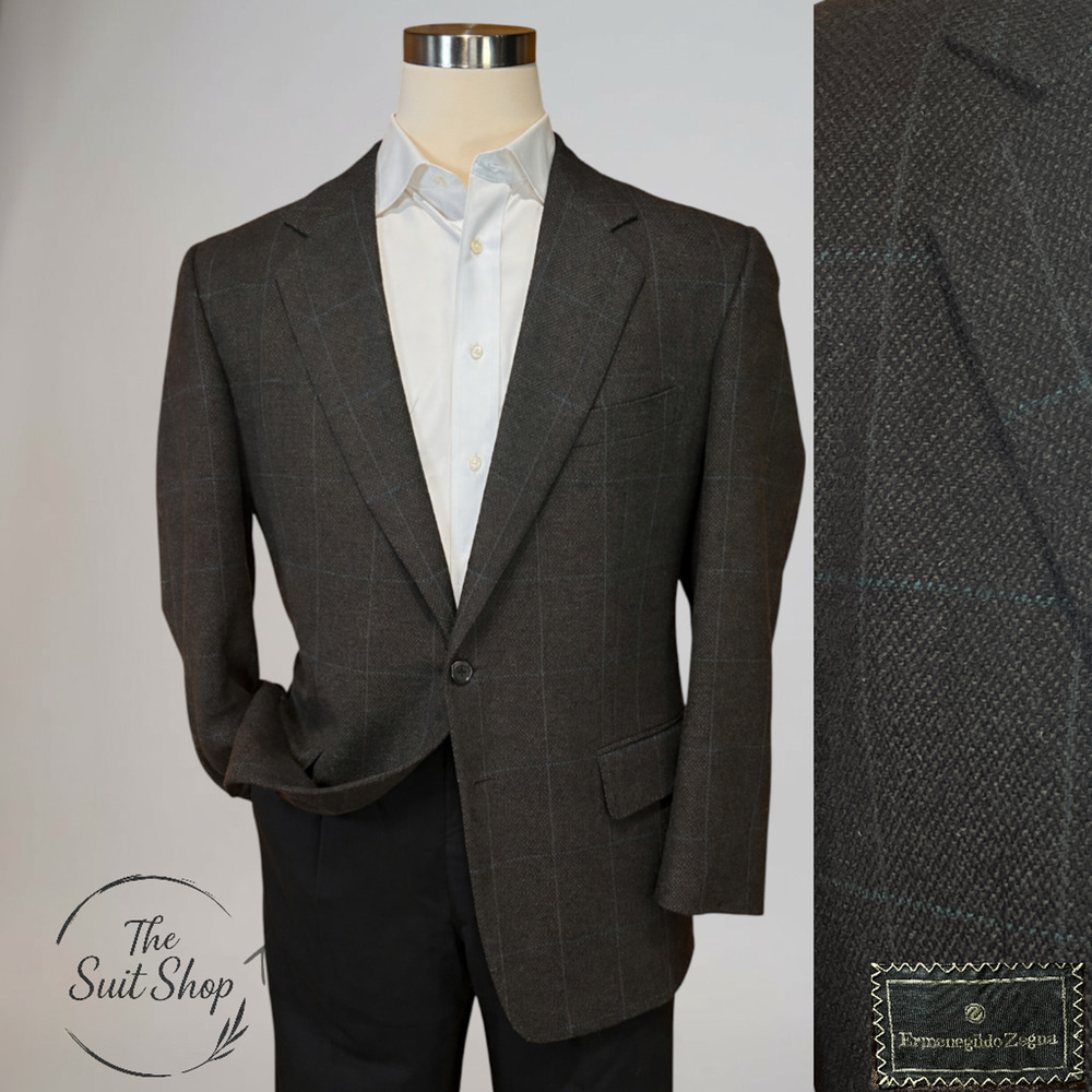 Ermegildo Zegna 42 - 44R Brown Turquoise Plaid Cashmere Wool Sport Coat Blazer